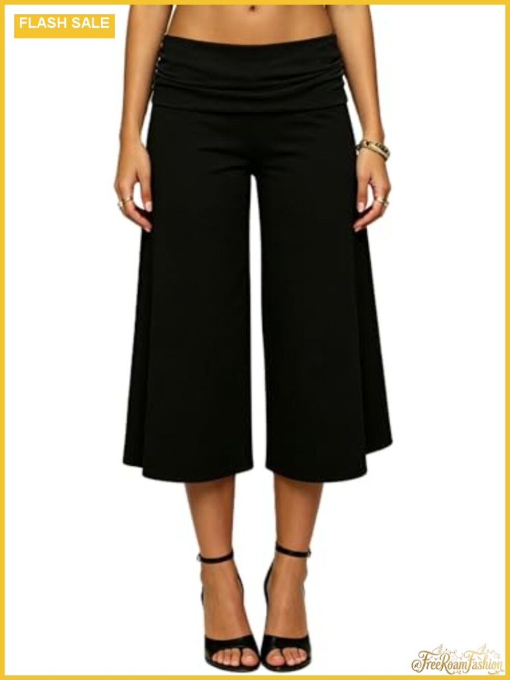 Fold Over Wide Leg Gaucho Capri Pants Lightweight Yoga Flare